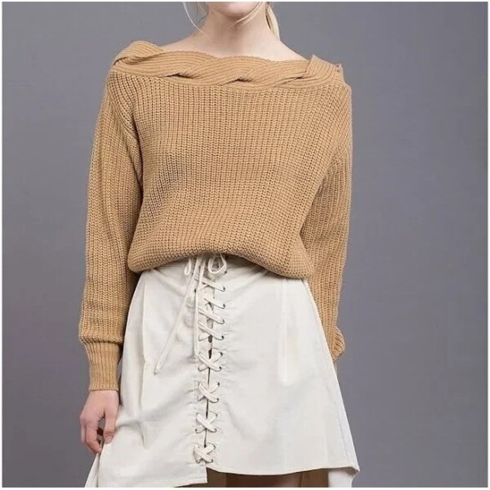 J.O.A. Off‎ Shoulder Braided Knit Sweater Womens Small Tan Minimalist Boho Chic
